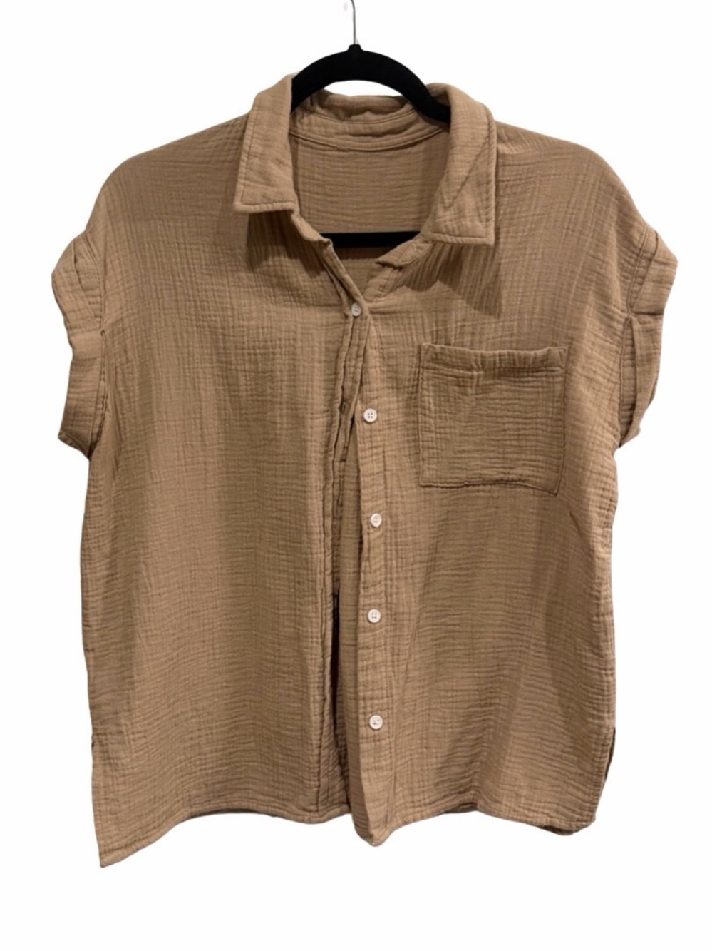 Women’s Short-Sleeve Button-Down Shirt - Beige Relaxed Fit